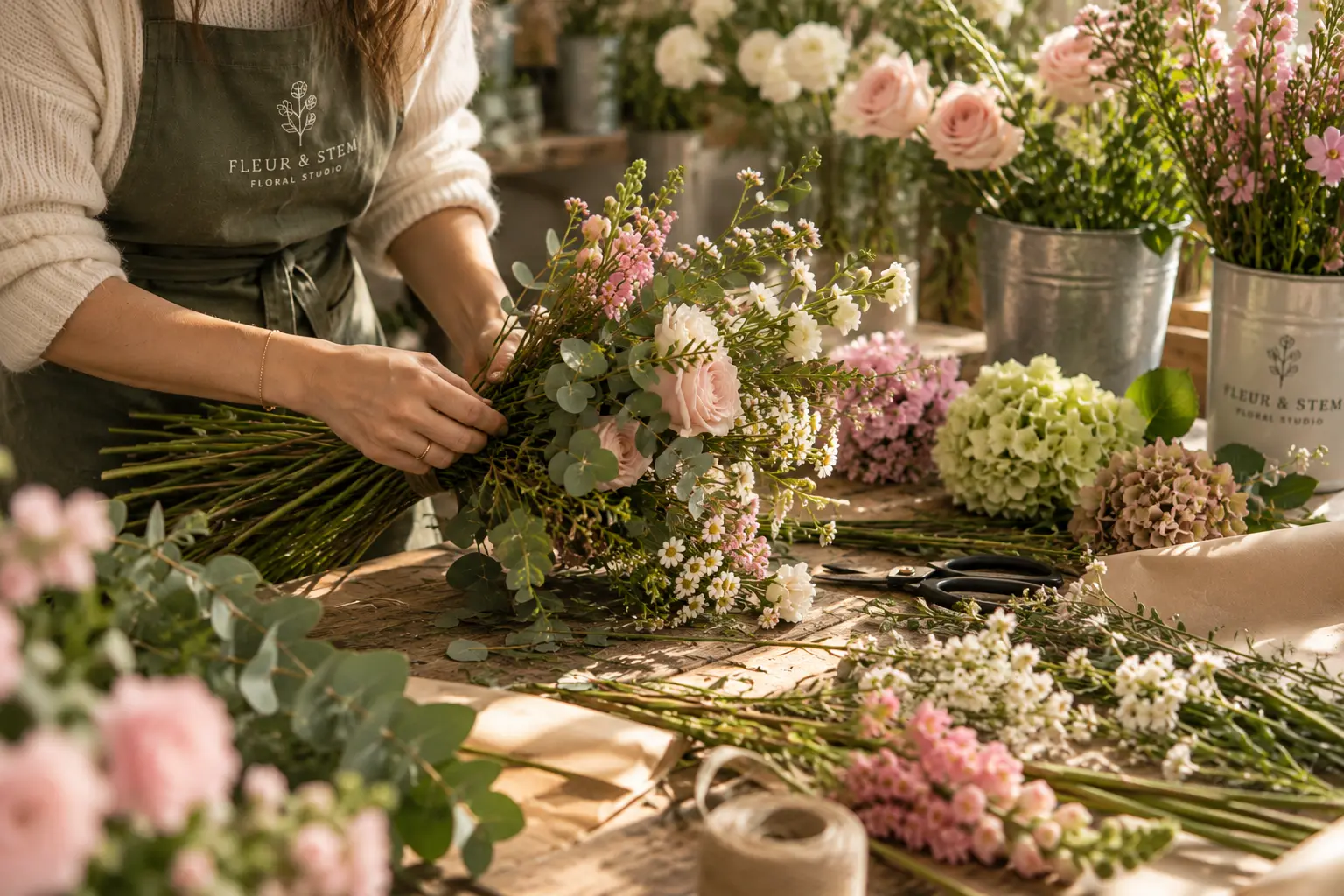 Seasonal flowers and foliage being prepared on a florist's worktable