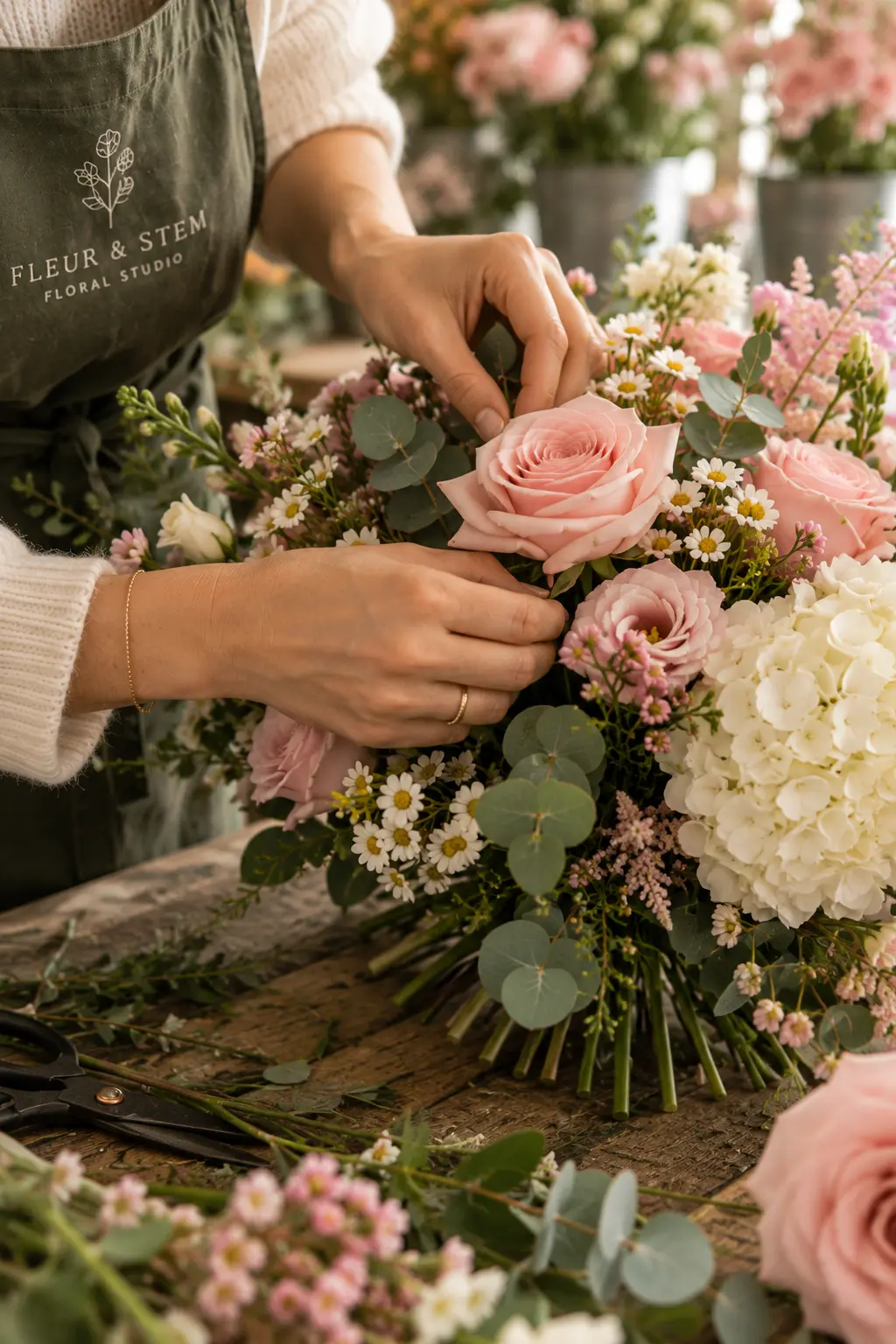 A close-up of flowers being arranged by hand