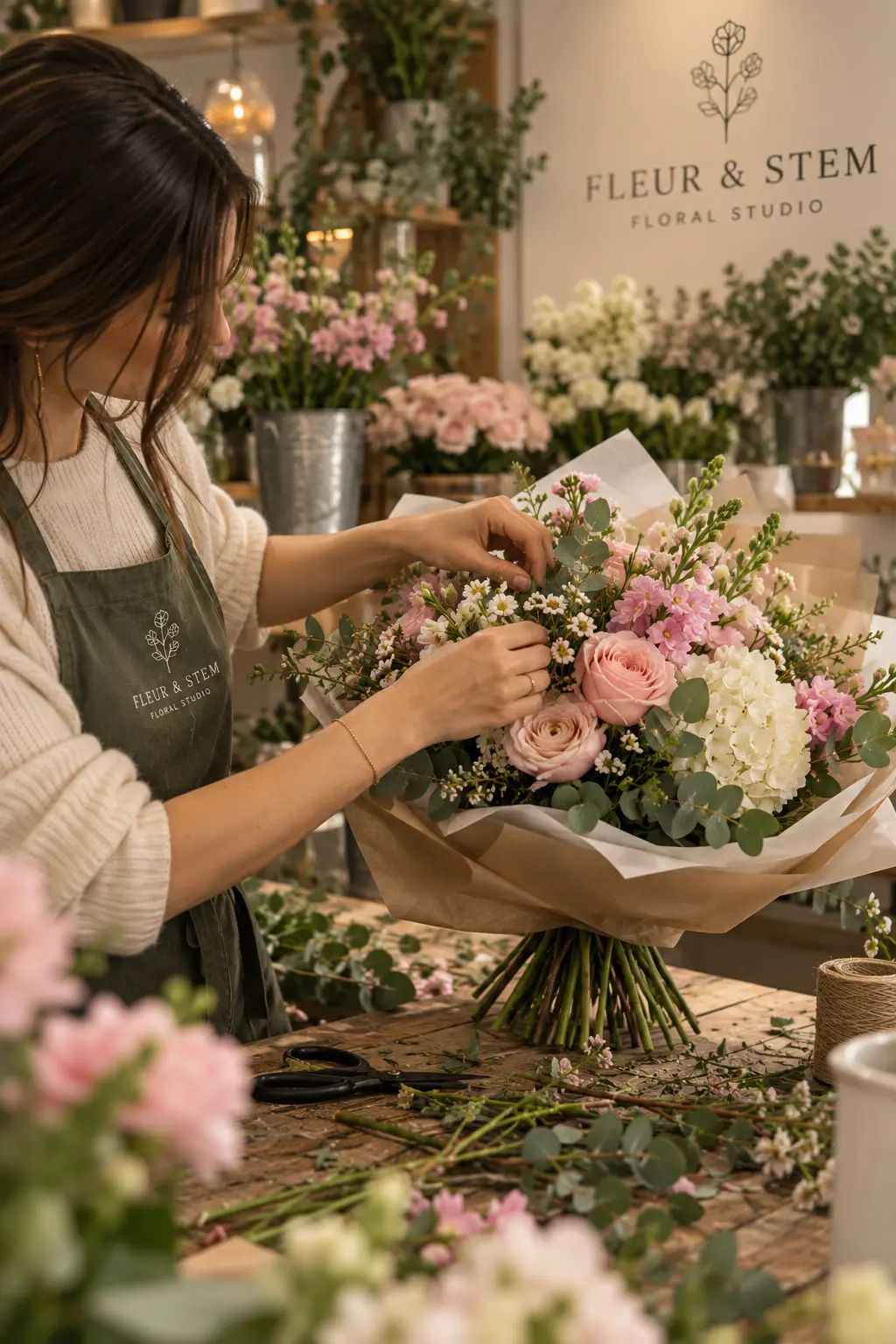 Florist carefully arranging a seasonal bouquet at Fleur & Stem