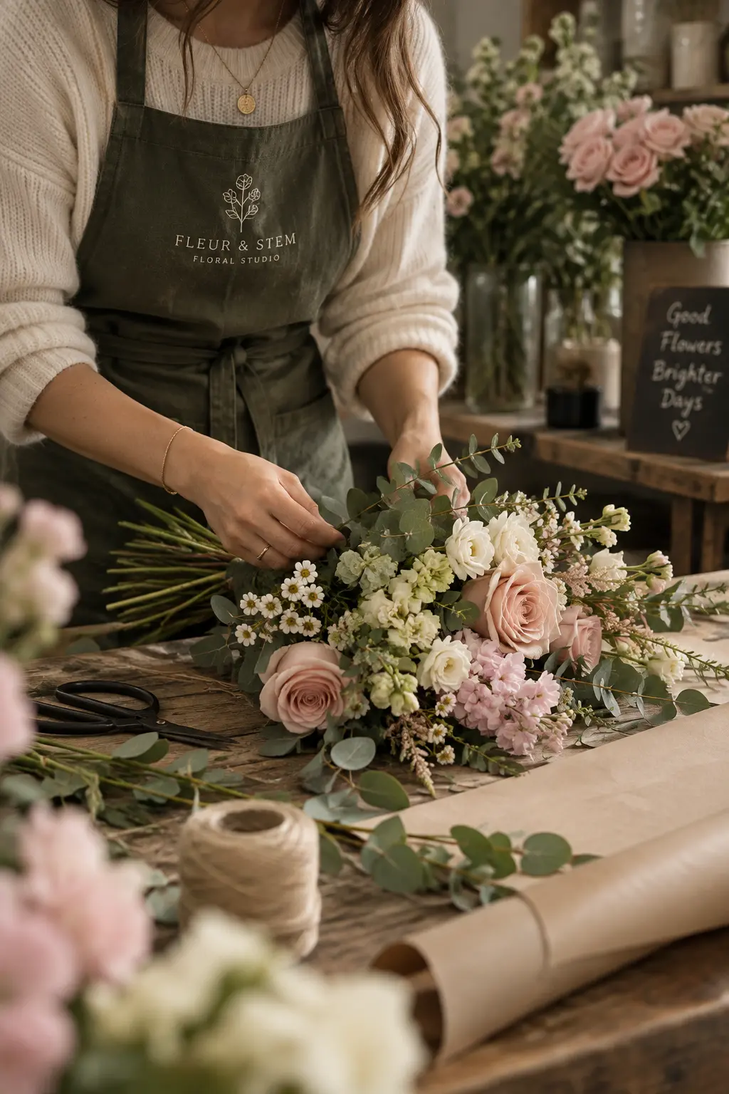 Florist arranging fresh flowers in the Fleur & Stem studio