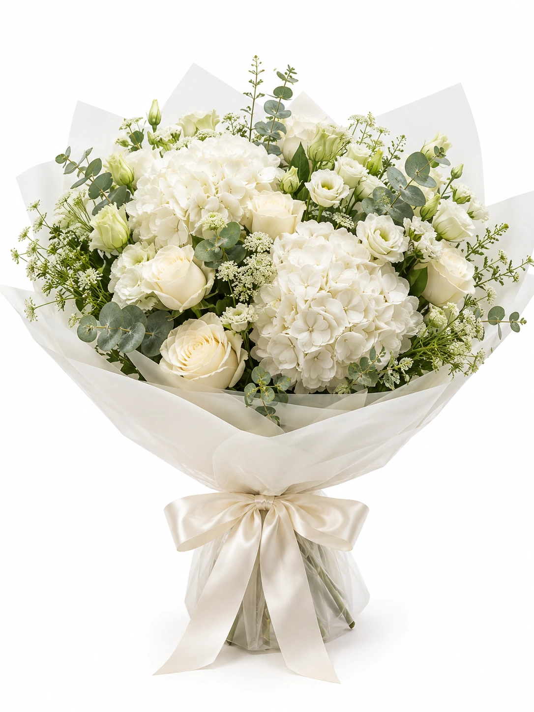 White Hydrangea bouquet with white roses and fresh greenery