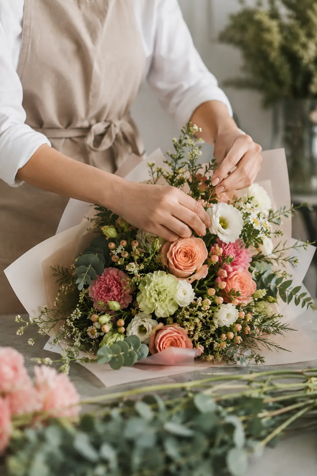 Florist arranging a seasonal bouquet in the Fleur & Stem studio